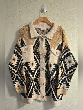 Pink Lily Aztec Button-Up Cardigan in Cream, Tan & Black